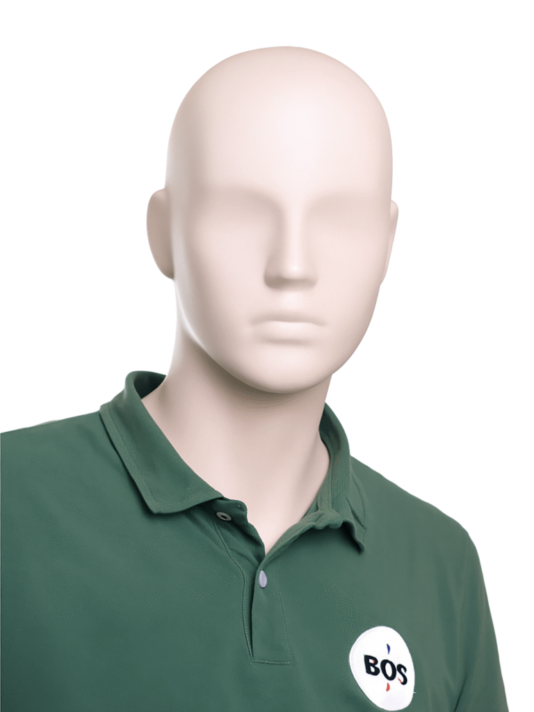 Professioneel groen uniform van TPP Bos tandprotheticus met logo op etalagepop